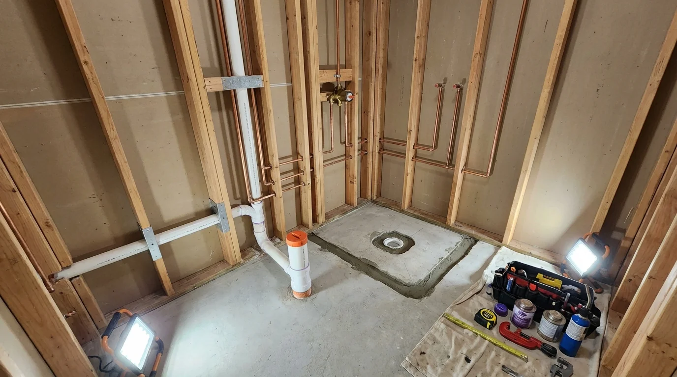 Bathroom rough-in plumbing during remodel by Johns Plumbing LLC in Sutherland