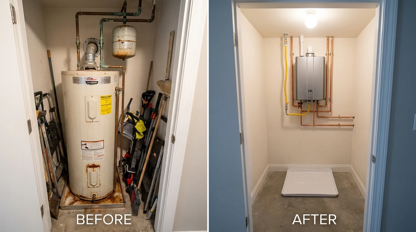 Tank water heater versus wall-mounted tankless unit comparison for Sutherland, NE homeowners