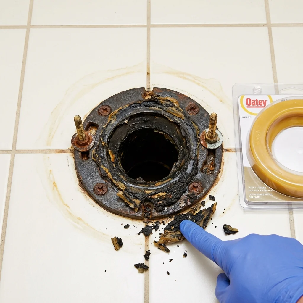 Failed wax ring showing water seepage at the base of a toilet in a Sutherland, NE home