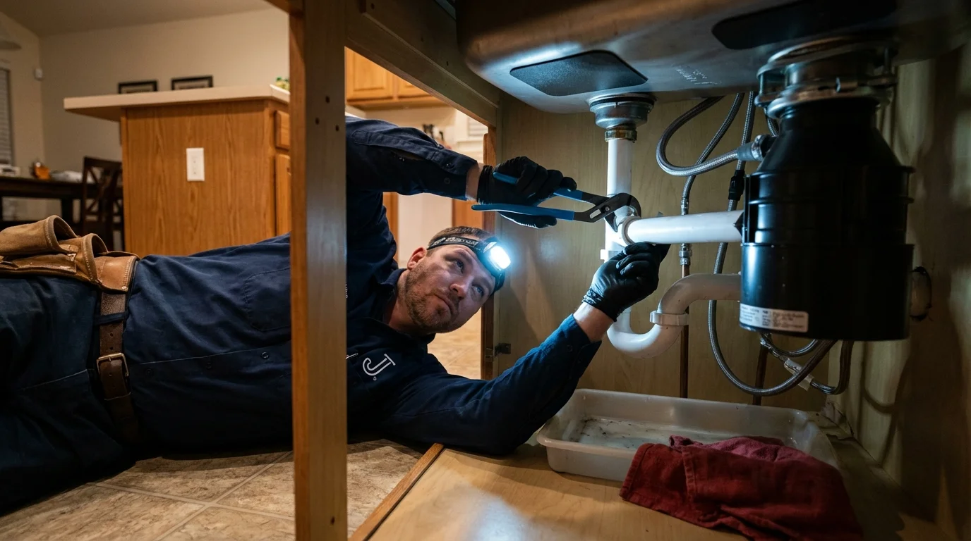 P-trap and supply line connections under a kitchen sink showing a common leak point in Sutherland, NE